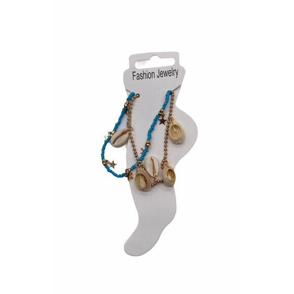 Sea Shell Anklets With Star Charms Blue Beads & Gold Chain Adjustable Womens Fas - Picture 1 of 4